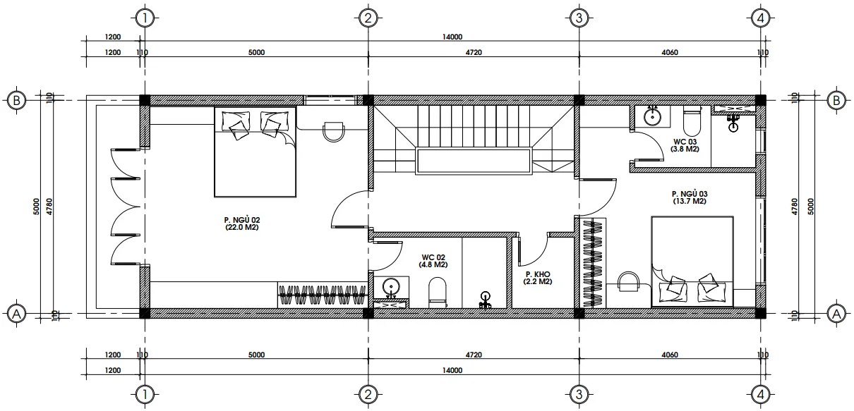 Bản vẽ kỹ thuật mặt bằng công năng tầng 2 bố trí 2 phòng ngủ lớn, hệ thống nhà vệ sinh khép kín và phòng kho gia đình tiện lợi.