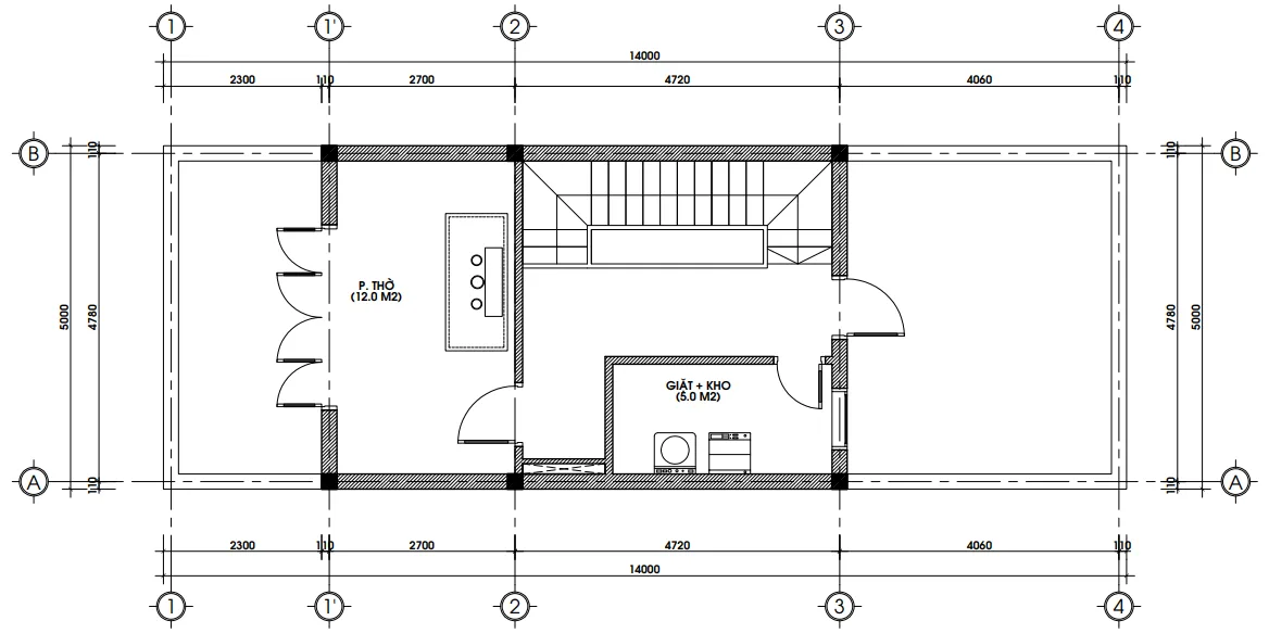 Bản vẽ chi tiết công năng tầng tum diện tích 35m2 tối ưu không gian cho phòng thờ trang nghiêm và khu vực giặt phơi quần áo.