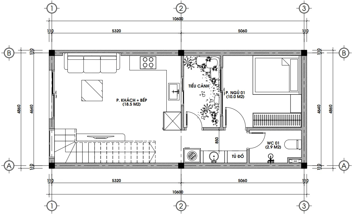 Bản vẽ bố trí công năng tầng 1 mẫu nhà cấp 4 có gác lửng diện tích 51m2 bao gồm phòng khách bếp và 1 phòng ngủ.