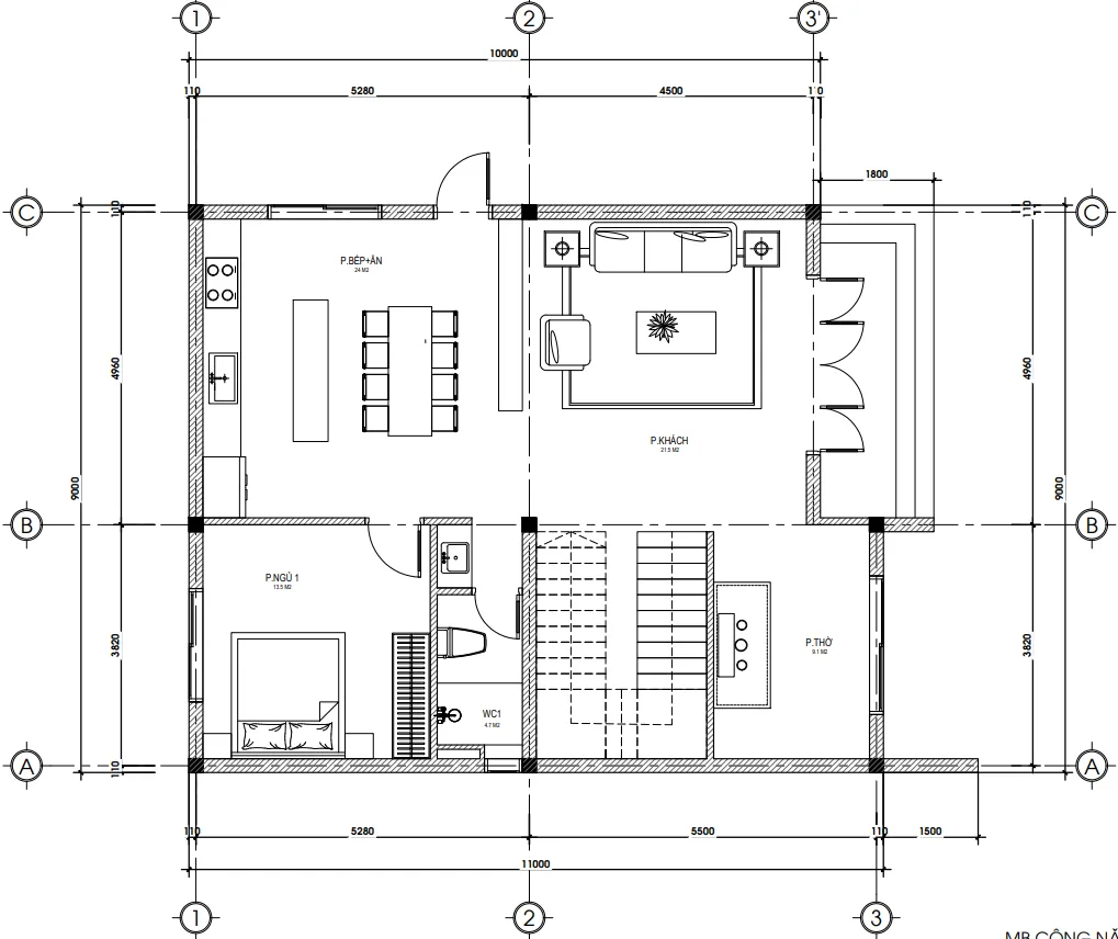 Bản vẽ mặt bằng công năng tầng 1 mẫu nhà mái nhật 2 tầng hiện đại diện tích 102m2 tại Thanh Hóa.