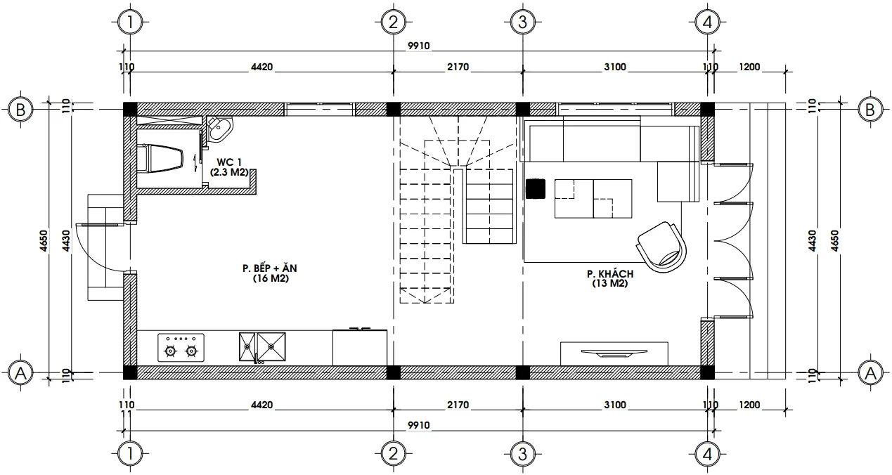 Bản vẽ mặt bằng công năng tầng 1 mẫu nhà ống 4 tầng hiện đại gồm phòng khách 13m2 và bếp ăn 16m2.