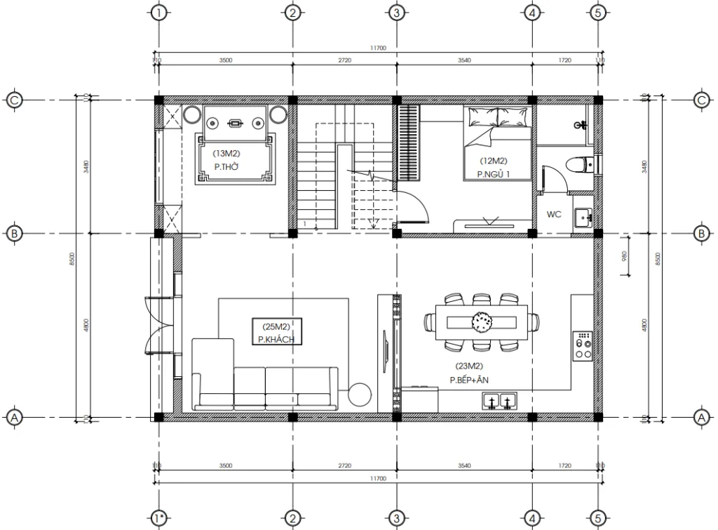 Bản vẽ bố trí công năng tầng 1 mẫu nhà 2 tầng hiện đại 100m2 có phòng thờ và bếp rộng.