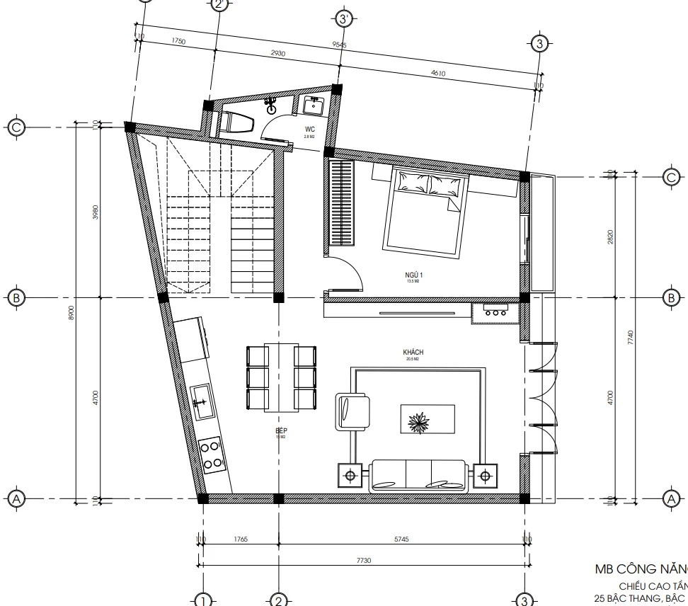 Bản vẽ bố trí công năng tầng 1 mẫu nhà 3 tầng hiện đại diện tích 79m2 của chị Chinh.