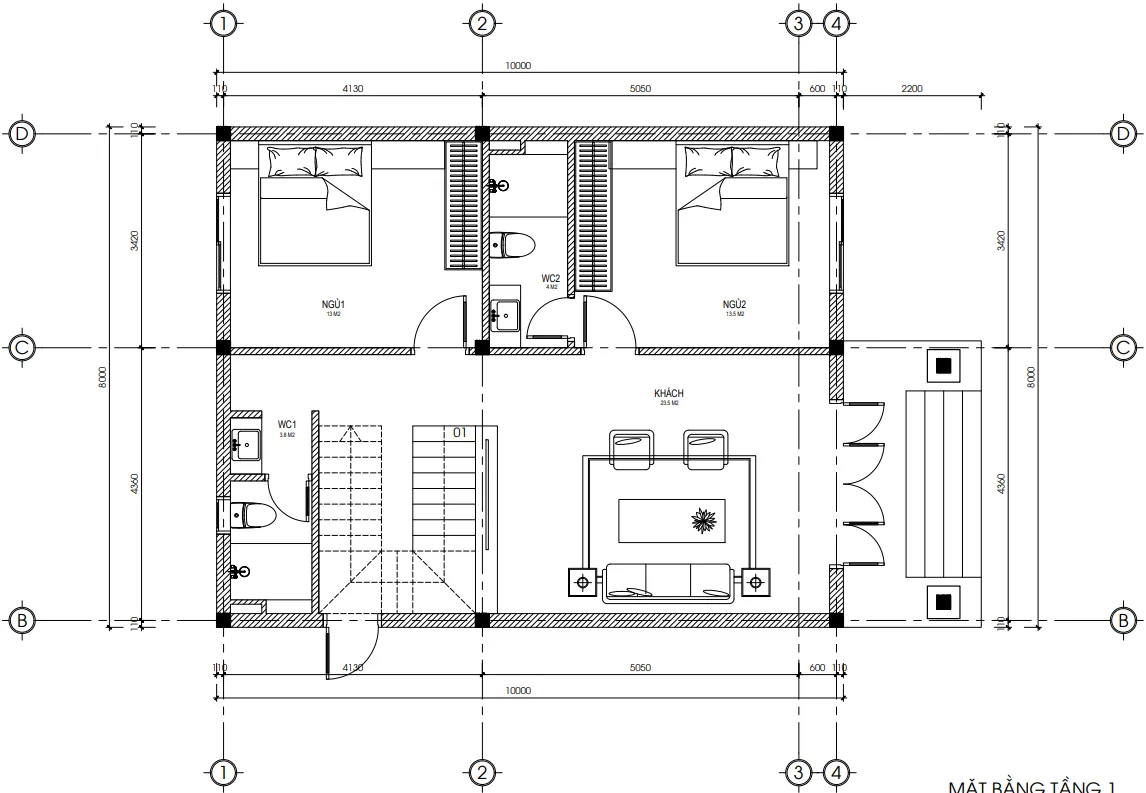 Bản vẽ bố trí công năng tầng 1 mẫu nhà 2 tầng mái Nhật diện tích 110m2 có 2 phòng ngủ.