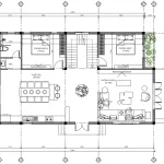 Bản vẽ bố trí công năng tầng 1 mẫu nhà mái Nhật 2 tầng diện tích 135m2 gồm phòng khách và 2 phòng ngủ.