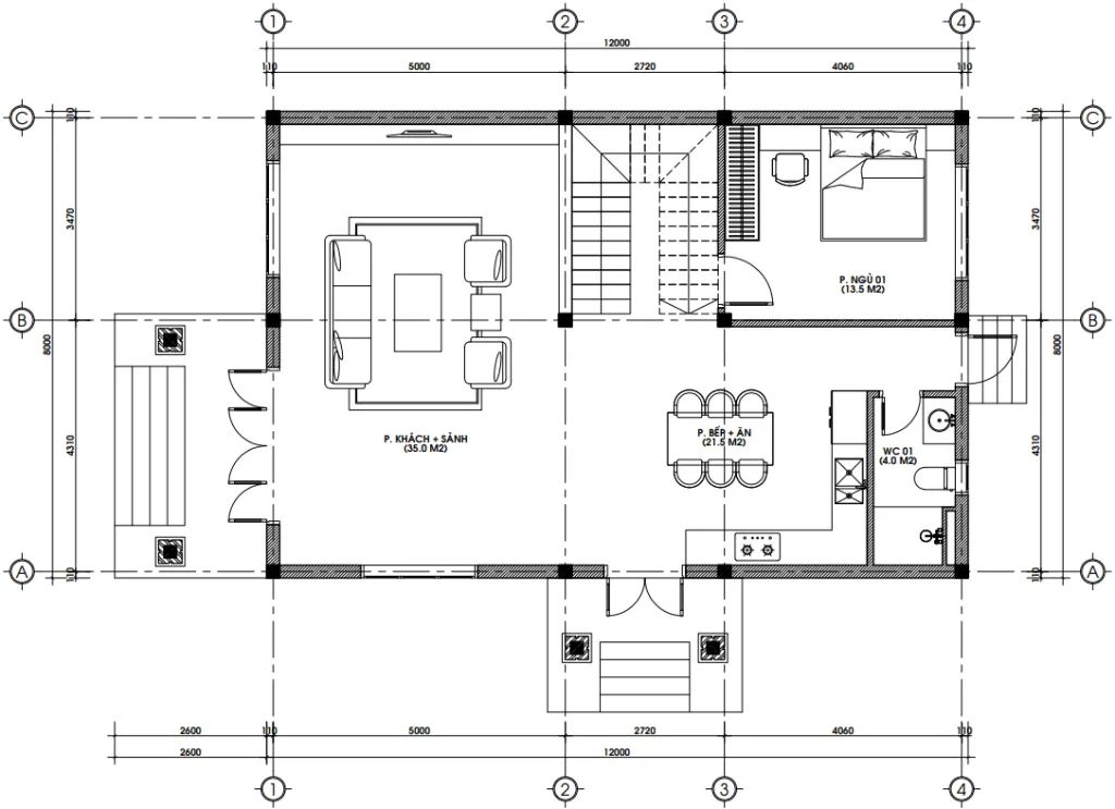 Bản vẽ bố trí công năng tầng 1 rộng 115m2 mẫu nhà mái nhật 2 tầng tân cổ điển có phòng khách 35m2.