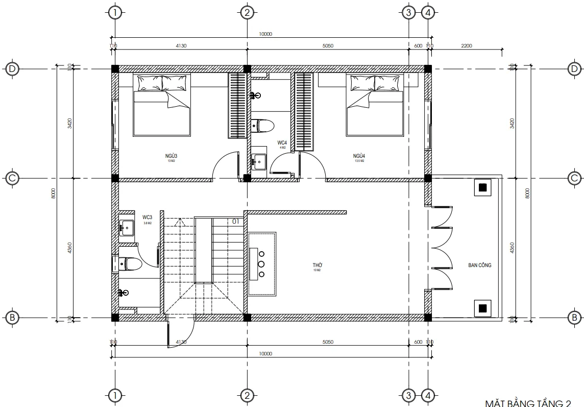 Bản vẽ bố trí công năng tầng 2 mẫu nhà 2 tầng mái Nhật diện tích 80m2 có 2 phòng ngủ.