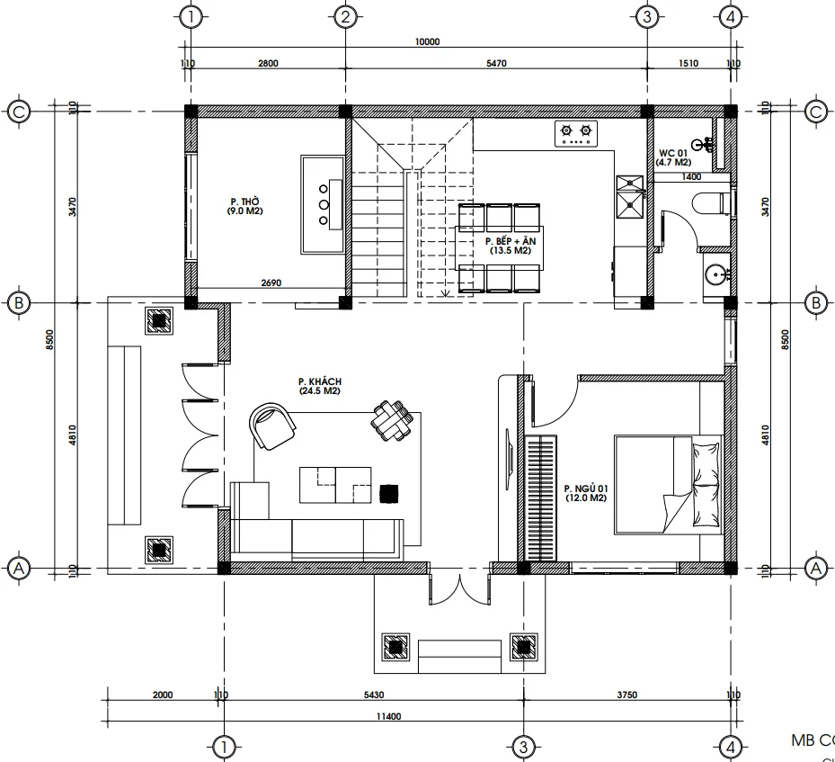 Bản vẽ bố trí công năng tầng 1 mẫu nhà 2 tầng mái Nhật diện tích 95m2 có phòng thờ.