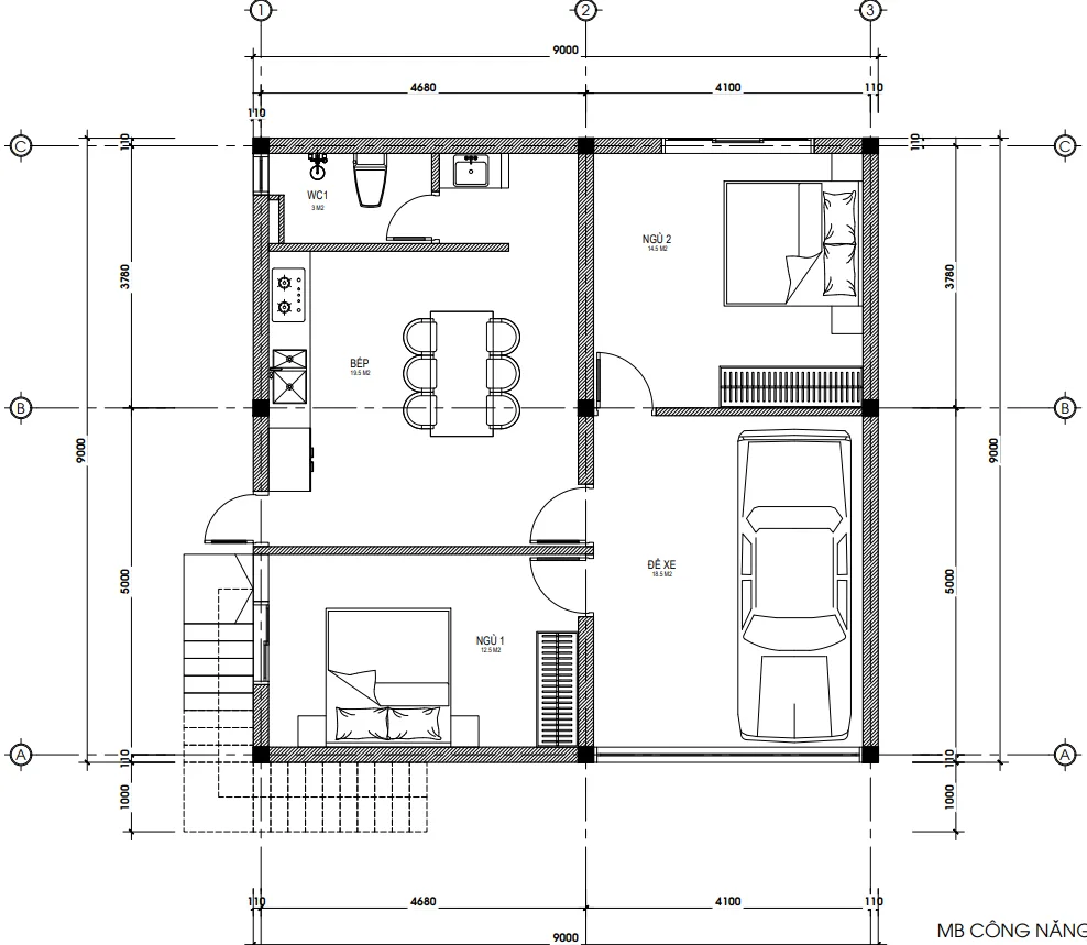 Bản vẽ bố trí công năng tầng 1 mẫu nhà mái Nhật 2 tầng có gara diện tích 87.5m2 của Techhome.