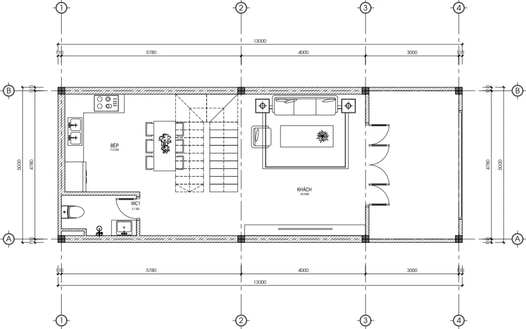 Bản vẽ bố trí mặt bằng công năng tầng 1 mẫu nhà ống 2 tầng 1 tum mặt tiền 5m diện tích 65m2.