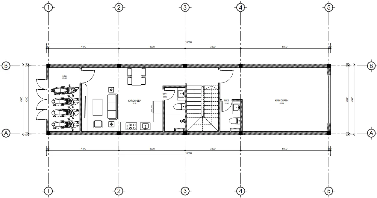 Bản vẽ bố trí công năng tầng 1 mẫu nhà ống 3 tầng kết hợp kinh doanh diện tích 81m2 gồm khu buôn bán và bếp.