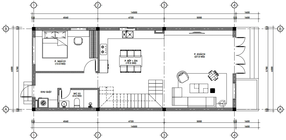 Bản vẽ bố trí mặt bằng công năng tầng 1 mẫu nhà ống 2 tầng hiện đại 6x15m diện tích 90m2.