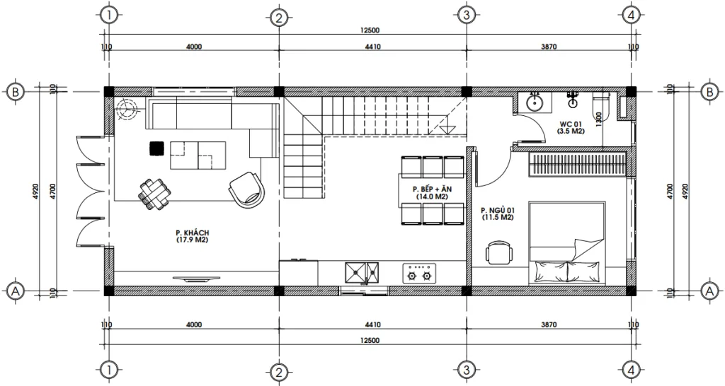 Bản vẽ bố trí công năng tầng 1 mẫu nhà phố 2 tầng tân cổ điển diện tích 91m2.