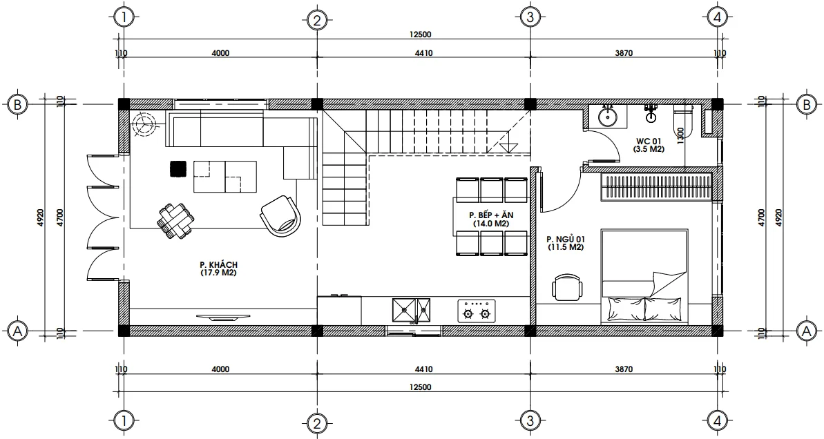 Bản vẽ bố trí công năng tầng 1 mẫu nhà phố 2 tầng tân cổ điển diện tích 91m2.