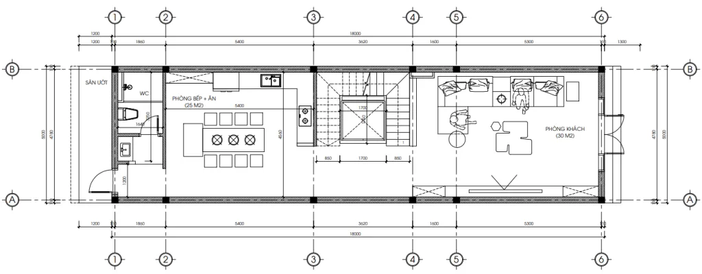Bản vẽ bố trí công năng tầng 1 mẫu nhà phố 3 tầng hiện đại diện tích 100m2 gồm phòng khách và bếp.