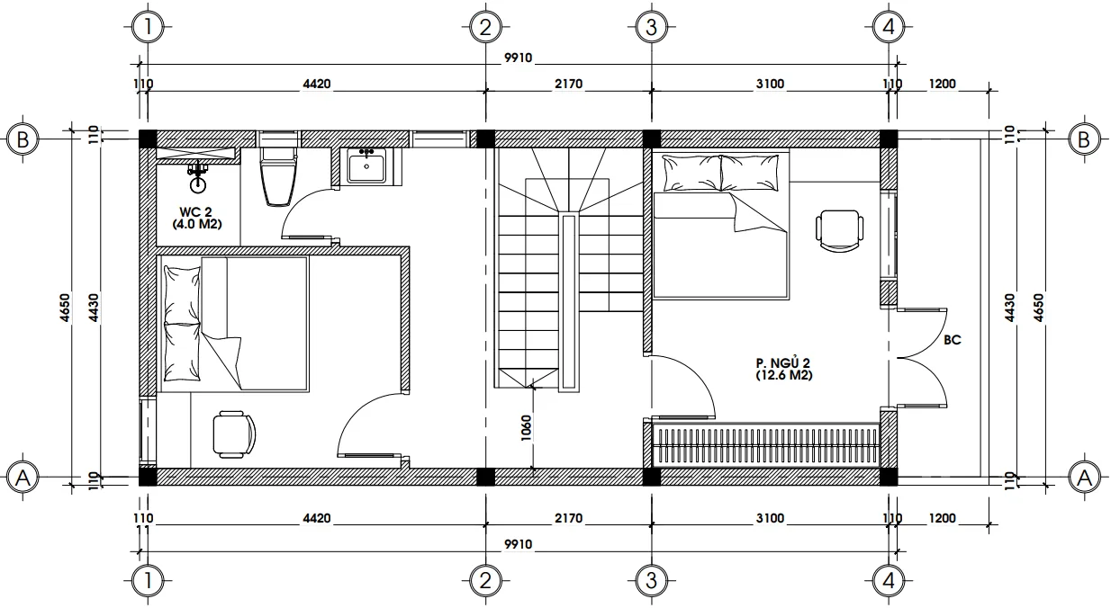 Bản vẽ thiết kế mặt bằng tầng 2 mẫu nhà ống 4 tầng hiện đại bố trí 2 phòng ngủ.