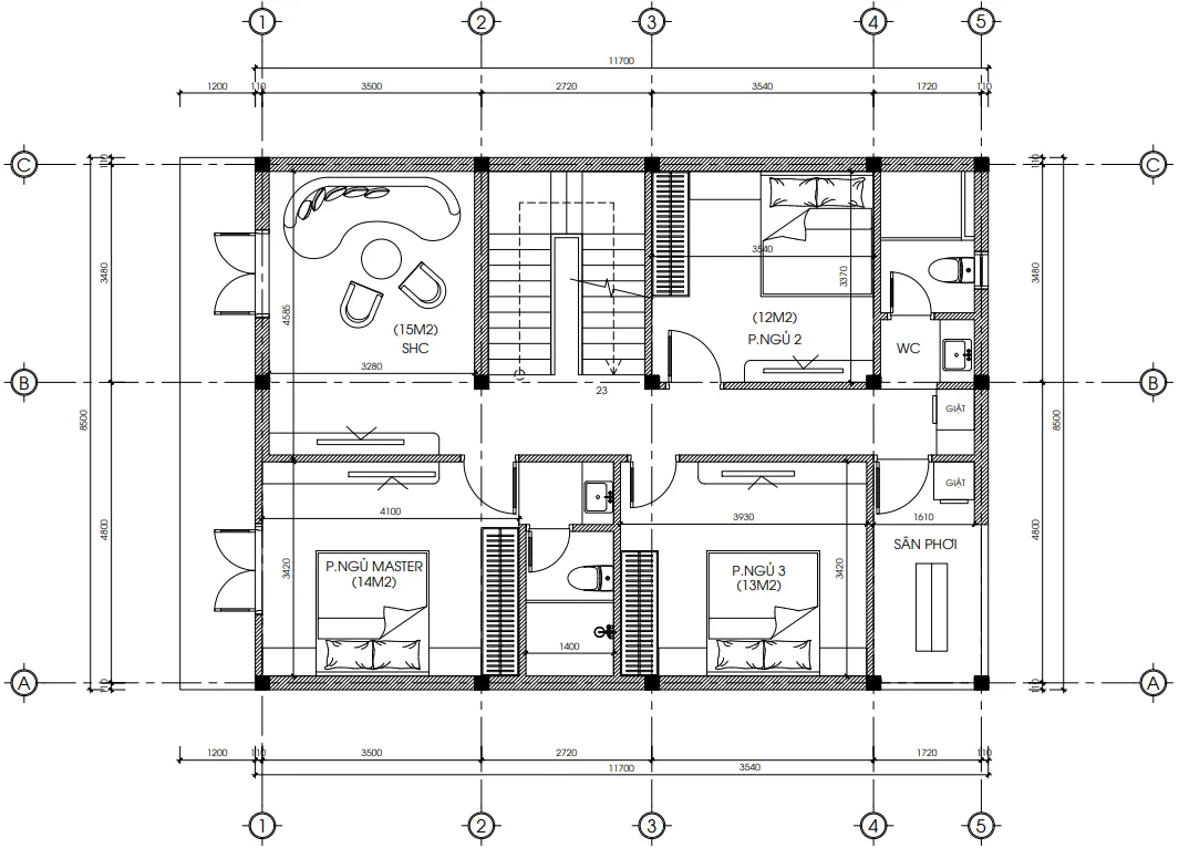 Bản vẽ bố trí công năng tầng 2 mẫu nhà 2 tầng hiện đại 100m2 