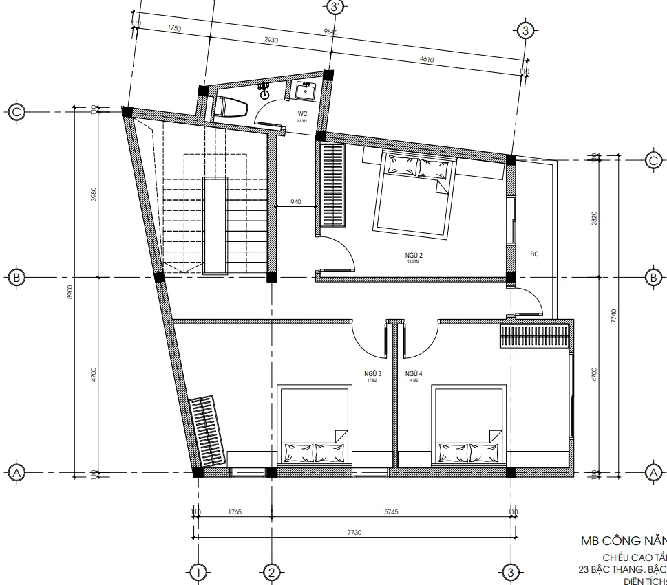 Bản vẽ bố trí công năng tầng 2 mẫu nhà 3 tầng hiện đại diện tích 83m2 của chị Chinh.