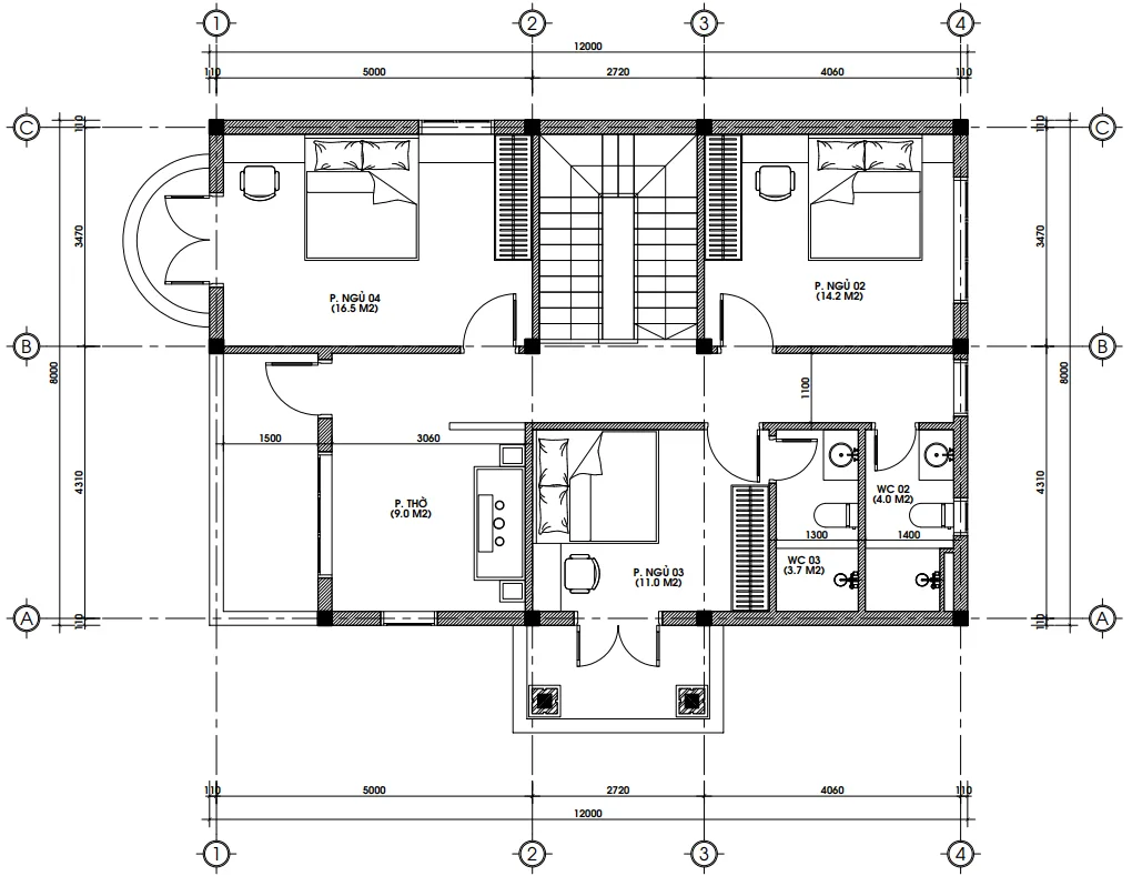 Bản vẽ bố trí công năng tầng 2 rộng 90m2 mẫu nhà mái nhật 2 tầng tân cổ điển có 3 phòng ngủ 1 phòng thờ.
