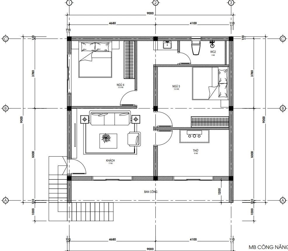 Bản vẽ bố trí công năng tầng 2 mẫu nhà mái Nhật 2 tầng có gara diện tích 85m2.