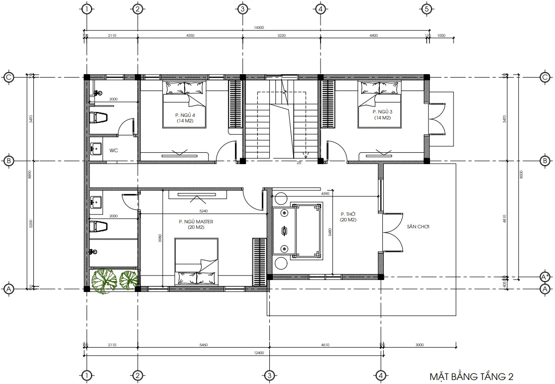 Bản vẽ bố trí công năng tầng 2 mẫu nhà mái Nhật 2 tầng diện tích 115m2 
