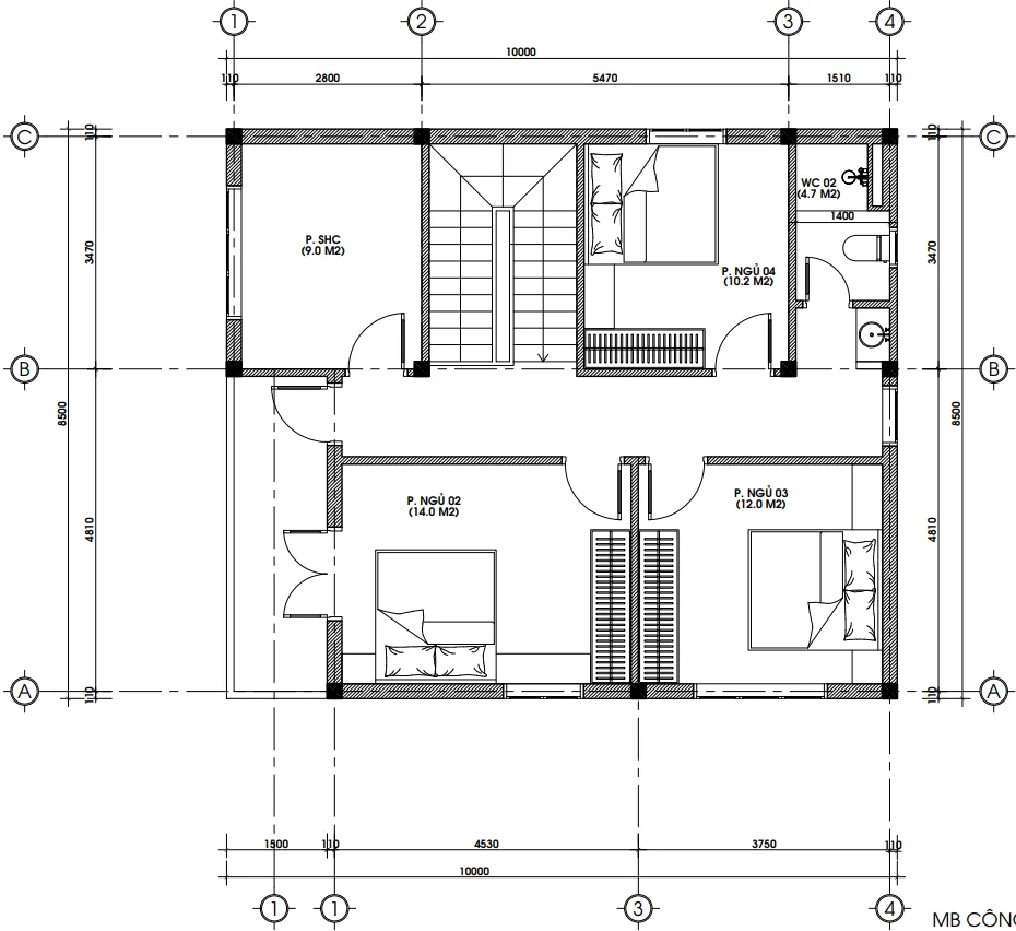 Bản vẽ bố trí công năng tầng 2 mẫu nhà 2 tầng mái Nhật diện tích 85m2.
