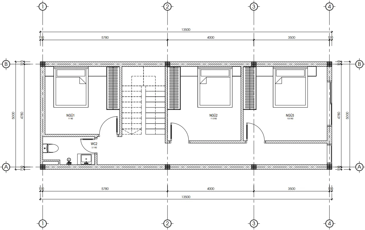 Bản vẽ bố trí công năng tầng 2 với 3 phòng ngủ của mẫu nhà ống 2 tầng 1 tum mặt tiền 5m.