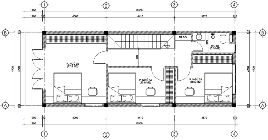 Bản vẽ mặt bằng tầng 2 mẫu nhà phố 2 tầng tân cổ điển với 3 phòng ngủ riêng tư.