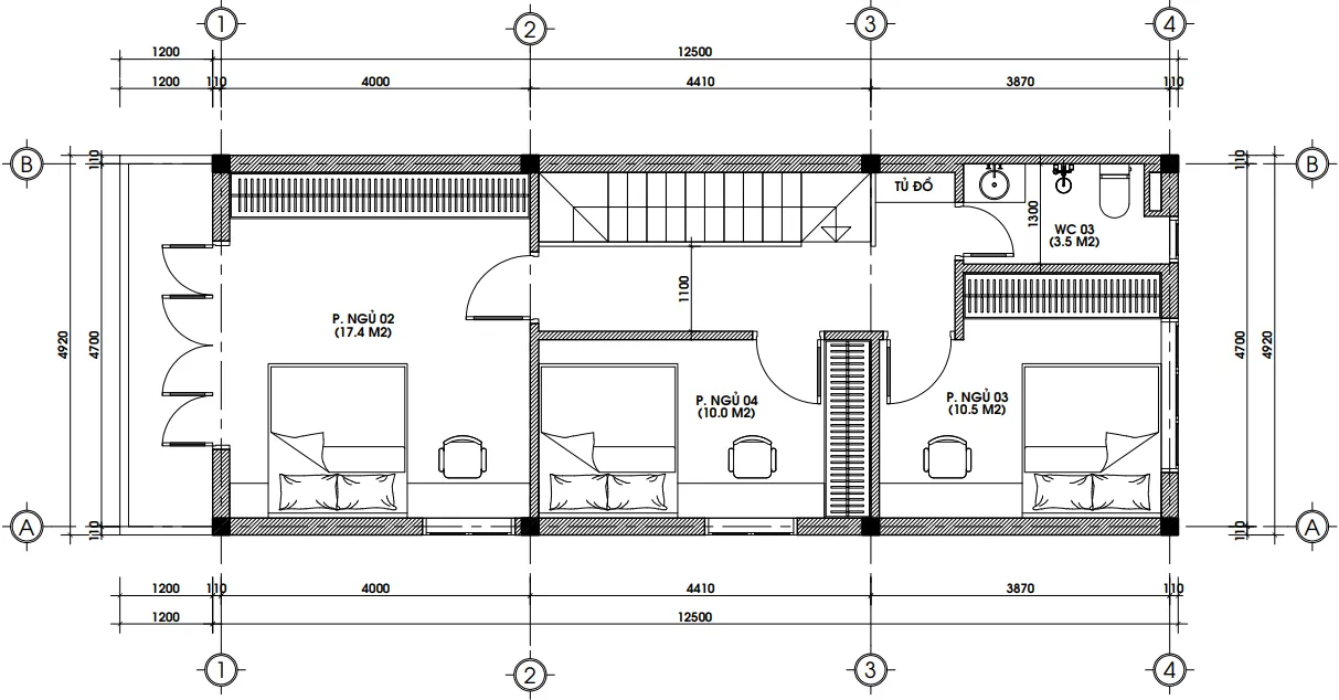 Bản vẽ mặt bằng tầng 2 mẫu nhà phố 2 tầng tân cổ điển với 3 phòng ngủ riêng tư. 