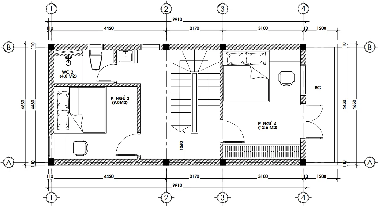 Sơ đồ phân chia công năng tầng 3 mẫu nhà ống 4 tầng hiện đại tối ưu không gian với 2 phòng ngủ riêng biệt.