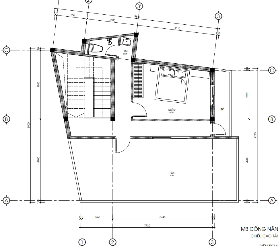 Bản vẽ bố trí công năng tầng 3 mẫu nhà 3 tầng hiện đại diện tích 48m2 của chị Chinh.