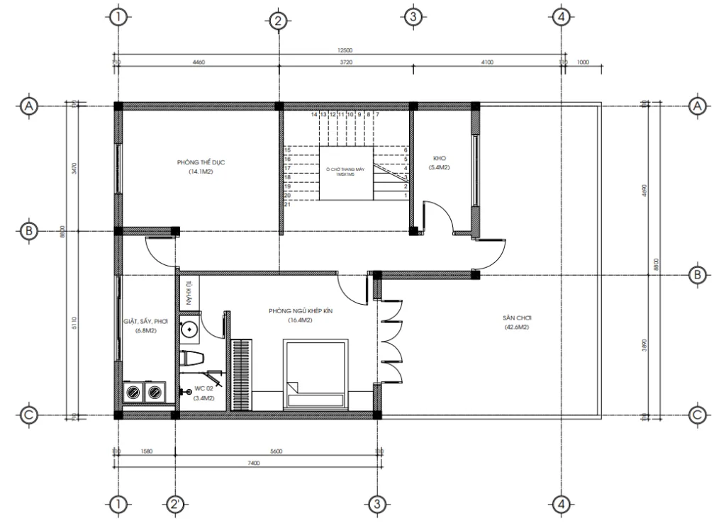 Bản vẽ bố trí công năng tầng tum mẫu nhà phố 3 tầng hiện đại tại Bắc Ninh có diện tích 78m2.