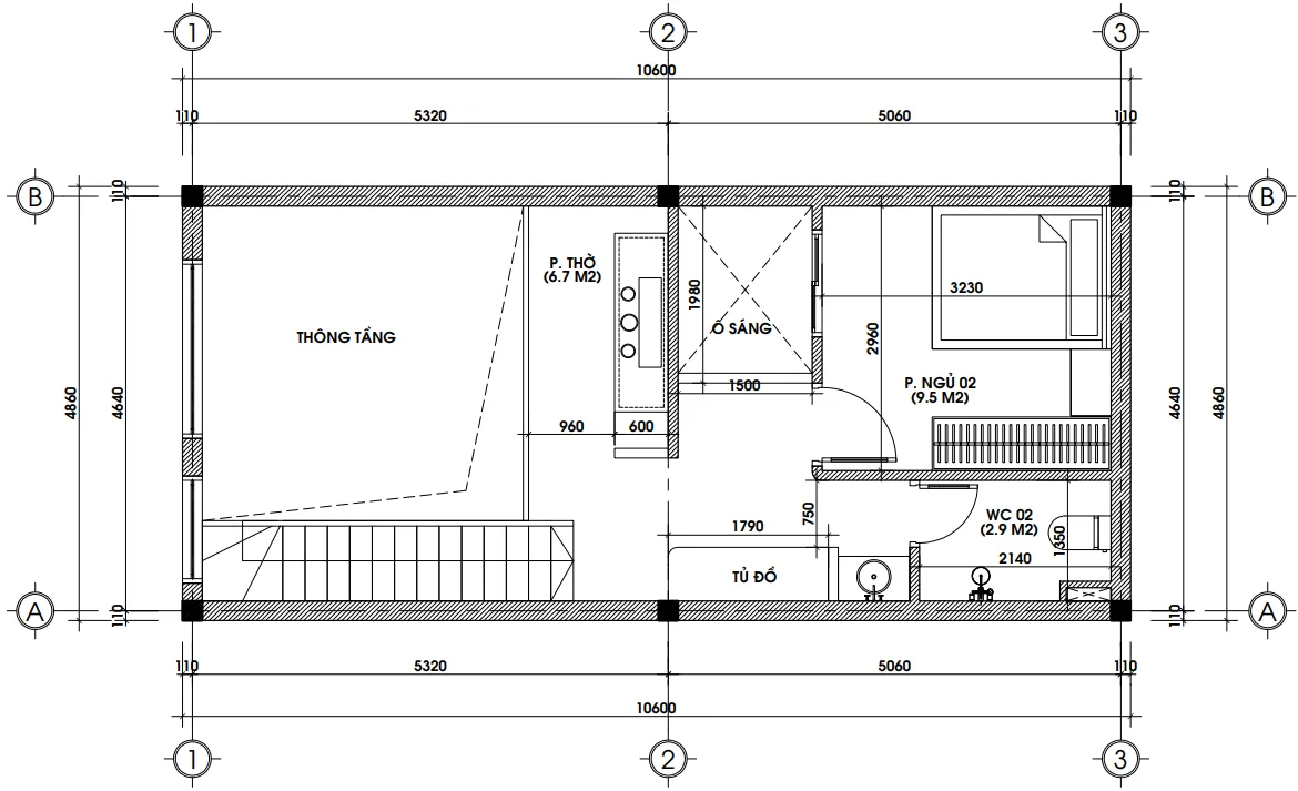 Bản vẽ kỹ thuật mặt bằng gác lửng mẫu nhà cấp 4 có gác lửng diện tích 30m2 có phòng thờ và phòng ngủ.