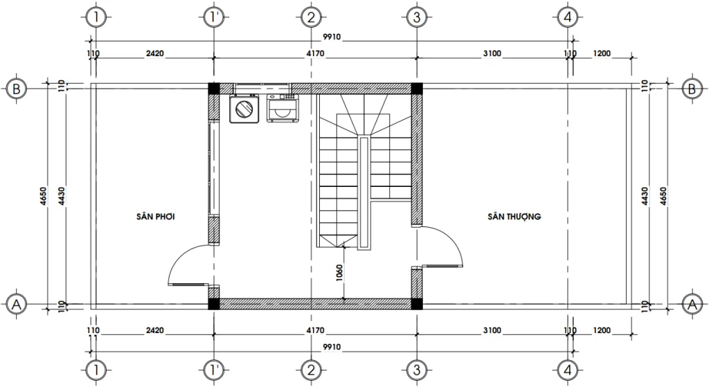 Bản vẽ kỹ thuật tầng tum mẫu nhà ống 4 tầng hiện đại phân chia không gian sân thượng giải trí và sân phơi giặt.