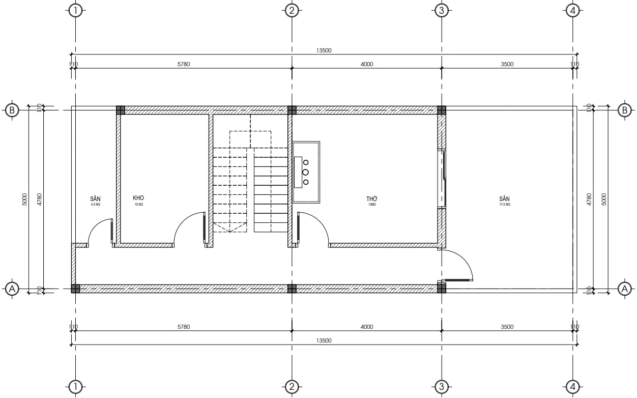 Bản vẽ bố trí mặt bằng công năng tầng tum mẫu nhà ống 2 tầng 1 tum mặt tiền 5m diện tích 45m2.