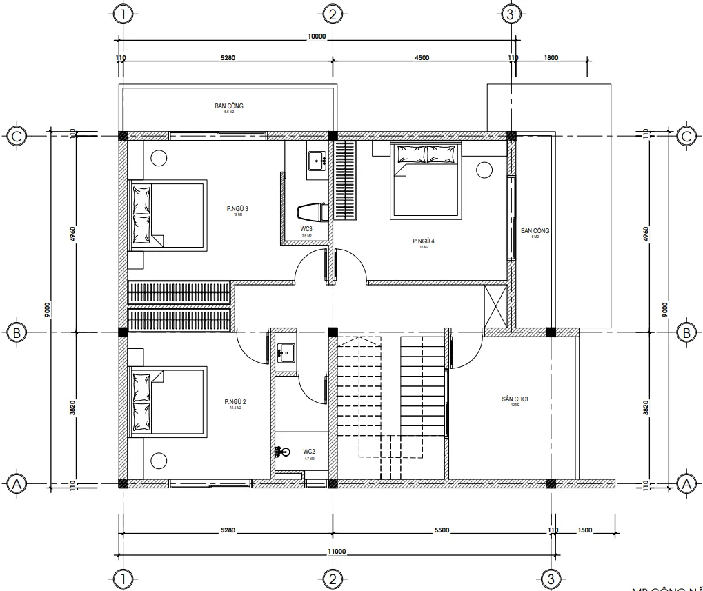 Chi tiết bố trí công năng tầng 2 mẫu nhà mái nhật 2 tầng hiện đại gồm 3 phòng ngủ và sân chơi.