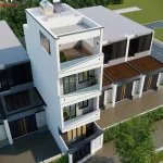 Phối cảnh từ trên cao nhìn xuống mẫu nhà ống 4 tầng hiện đại thấy rõ vị trí bồn nước và hệ thống thái dương năng tầng tum.