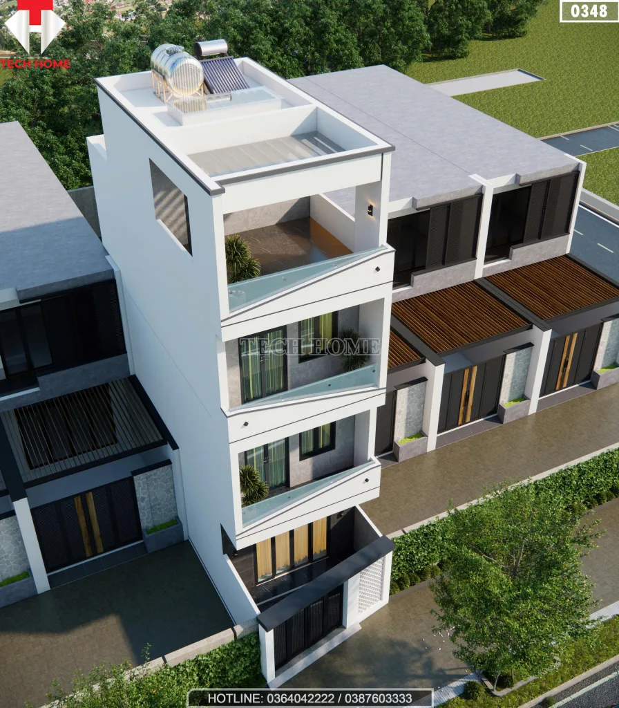 Phối cảnh từ trên cao nhìn xuống mẫu nhà ống 4 tầng hiện đại thấy rõ vị trí bồn nước và hệ thống thái dương năng tầng tum.