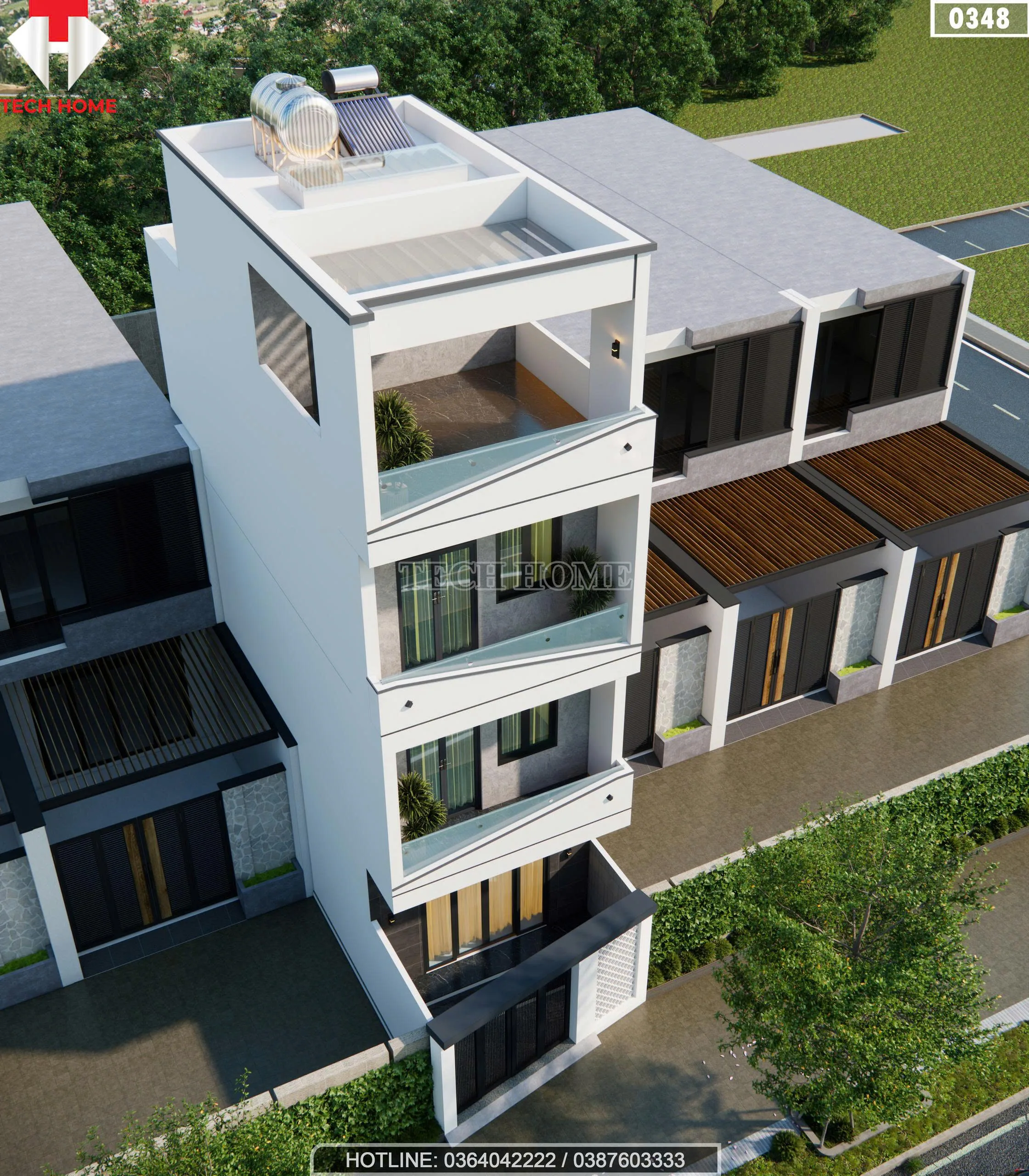 Phối cảnh từ trên cao nhìn xuống mẫu nhà ống 4 tầng hiện đại thấy rõ vị trí bồn nước và hệ thống thái dương năng tầng tum.