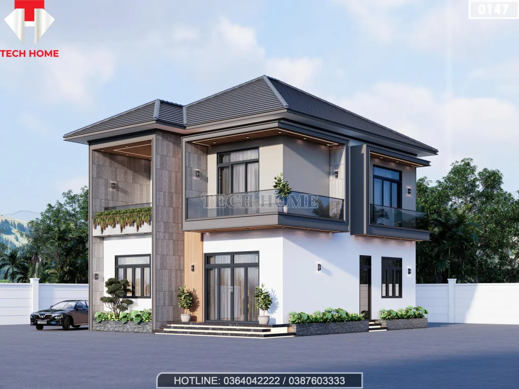 Chi tiết các mảng tường ốp gạch thẻ và đường kẻ chỉ trang trí của mẫu nhà mái nhật 2 tầng hiện đại.