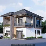 Chi tiết các mảng tường ốp gạch thẻ và đường kẻ chỉ trang trí của mẫu nhà mái nhật 2 tầng hiện đại.