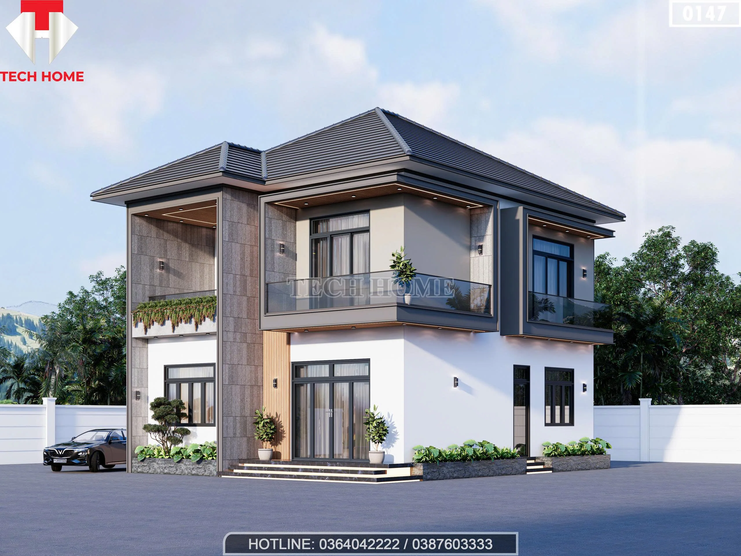 Chi tiết các mảng tường ốp gạch thẻ và đường kẻ chỉ trang trí của mẫu nhà mái nhật 2 tầng hiện đại.