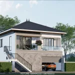 Góc nghiêng mẫu nhà mái Nhật 2 tầng có gara