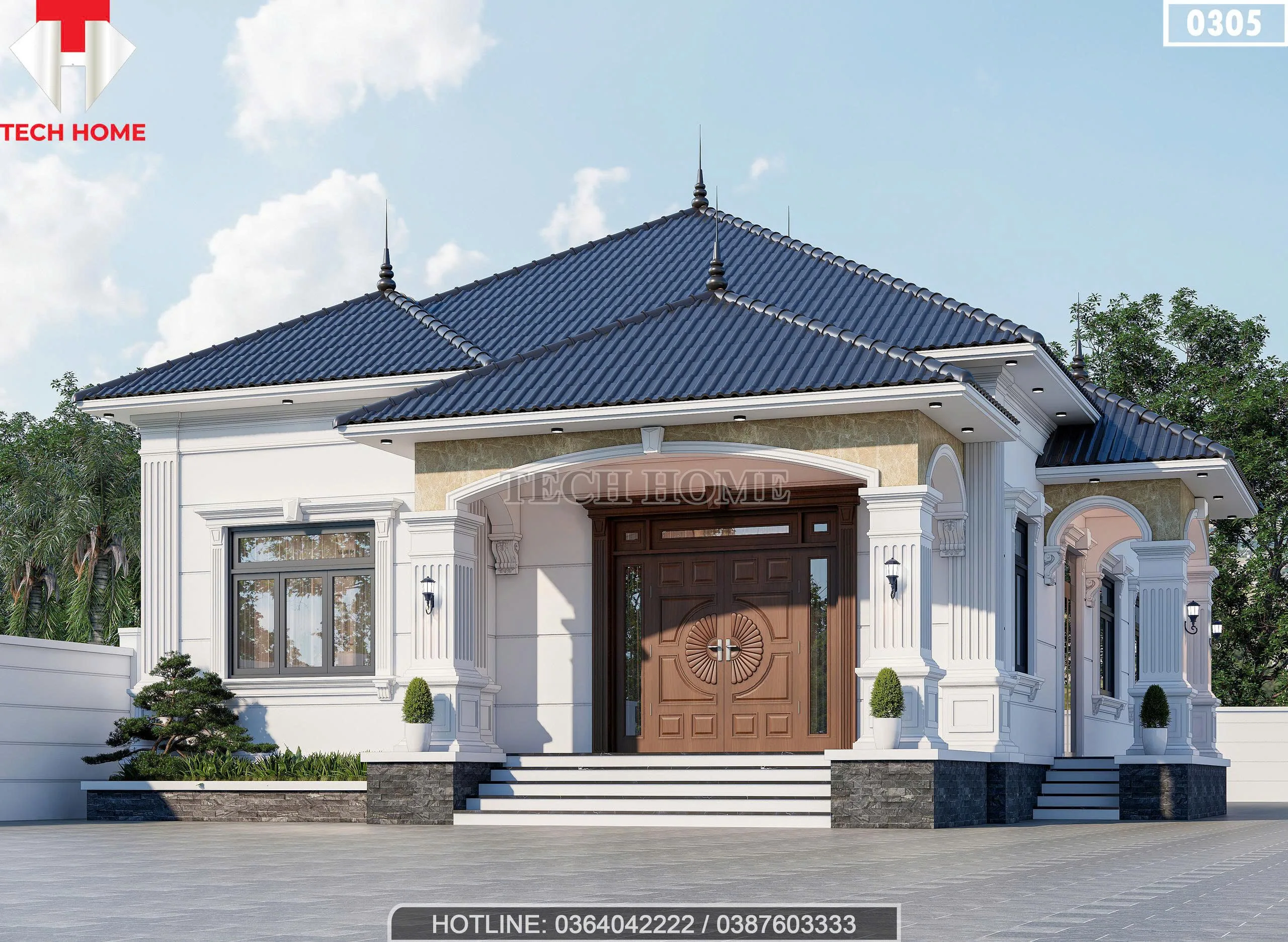 Góc nghiêng mẫu nhà mái Nhật 1 tầng 4 phòng ngủ hệ cột trụ bề thế.
