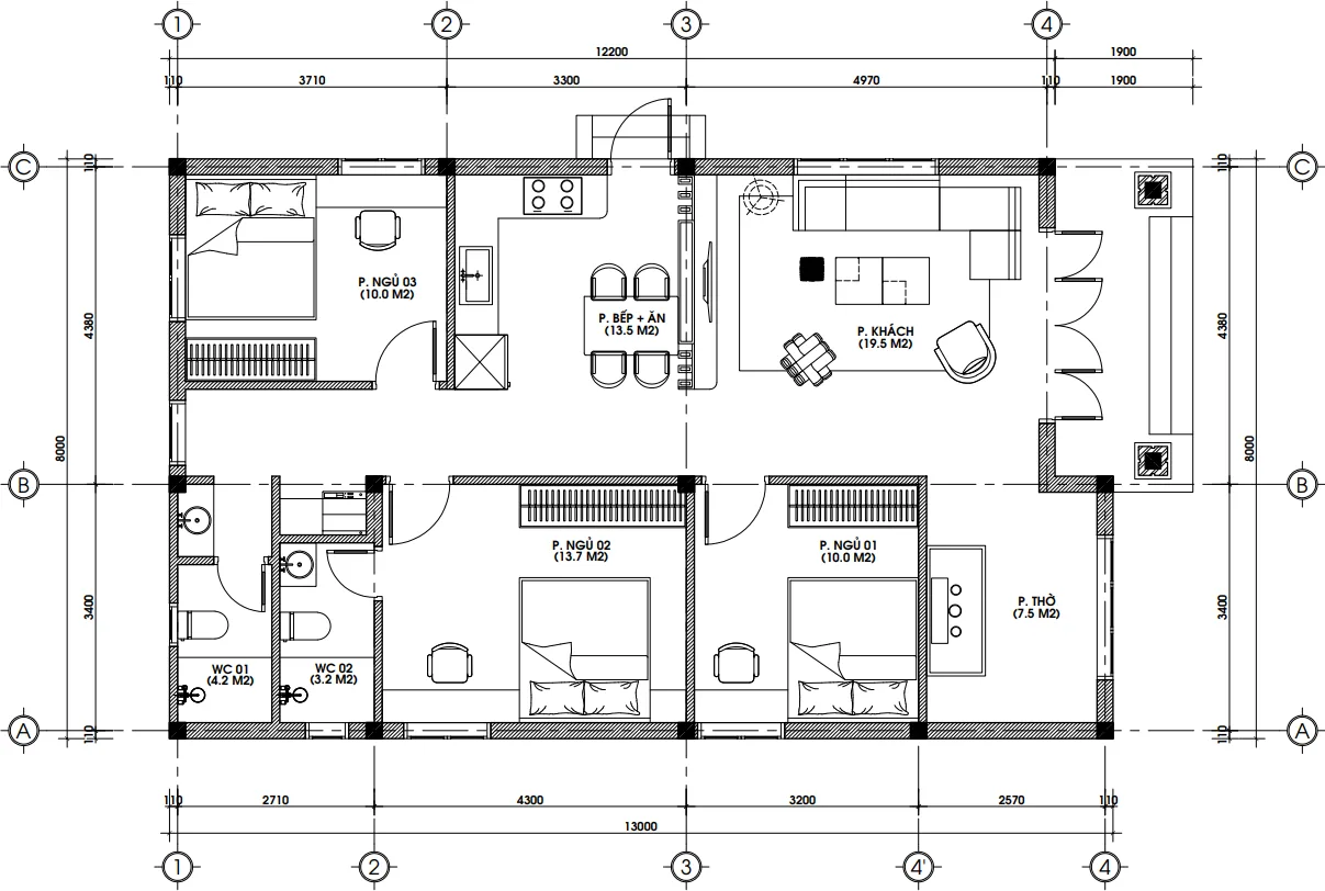 Bản vẽ mặt bằng công năng tầng 1 mẫu nhà mái Nhật 1 tầng diện tích 110m2.