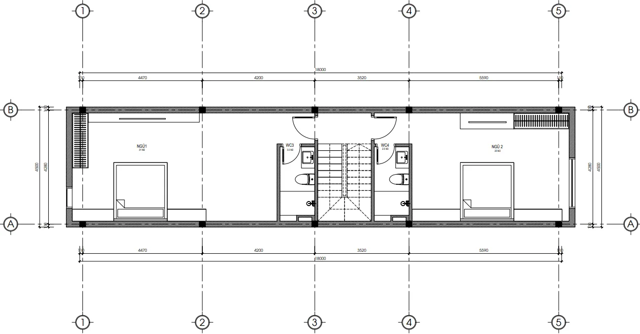 Bản vẽ kỹ thuật mặt bằng tầng 2 diện tích 85m2 bố trí 2 phòng ngủ khép kín thuộc mẫu nhà ống 3 tầng kết hợp kinh doanh.