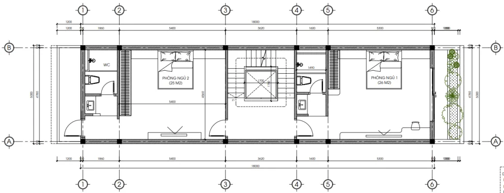 Thiết kế mặt bằng tầng 2 mẫu nhà phố 3 tầng hiện đại với 2 phòng ngủ khép kín tiện nghi.