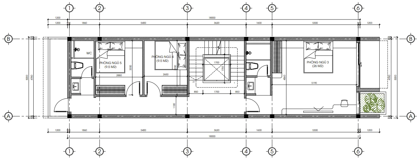 Bản vẽ bố trí công năng tầng 3 mẫu nhà phố 3 tầng hiện đại diện tích 95m2