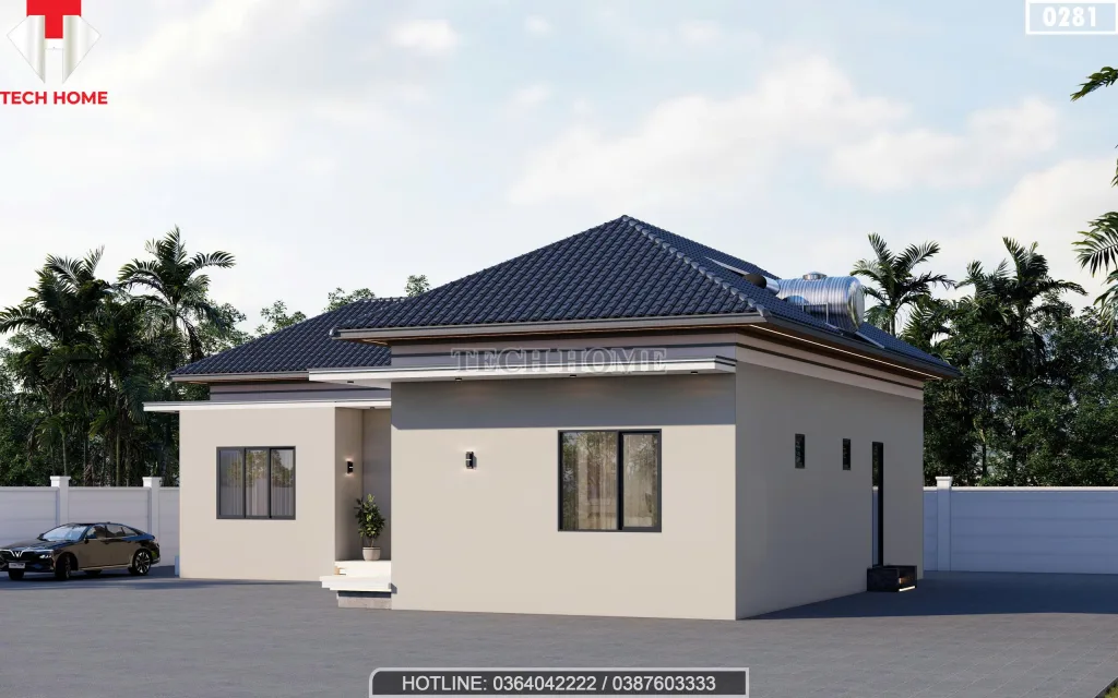 Chi tiết mặt bên và hệ thống cửa sổ nhôm kính của nhà cấp 4 mái Nhật 4 phòng ngủ.