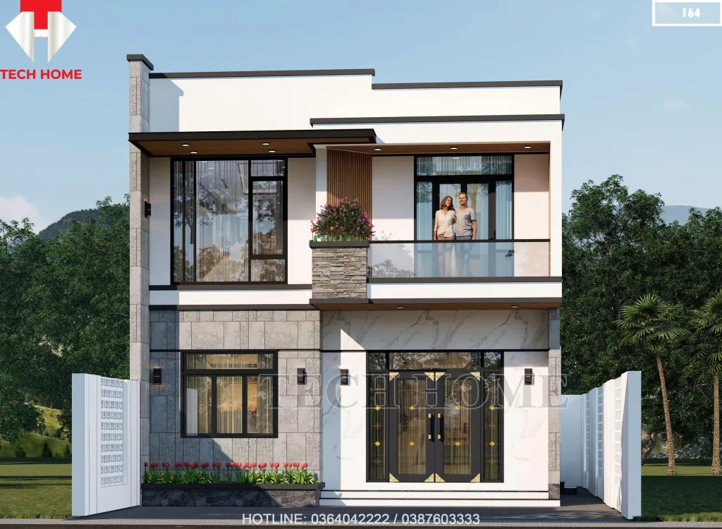 Phối cảnh mặt tiền mẫu nhà 2 tầng hiện đại 100m2 sang trọng tại Bình Minh, Hà Nội.